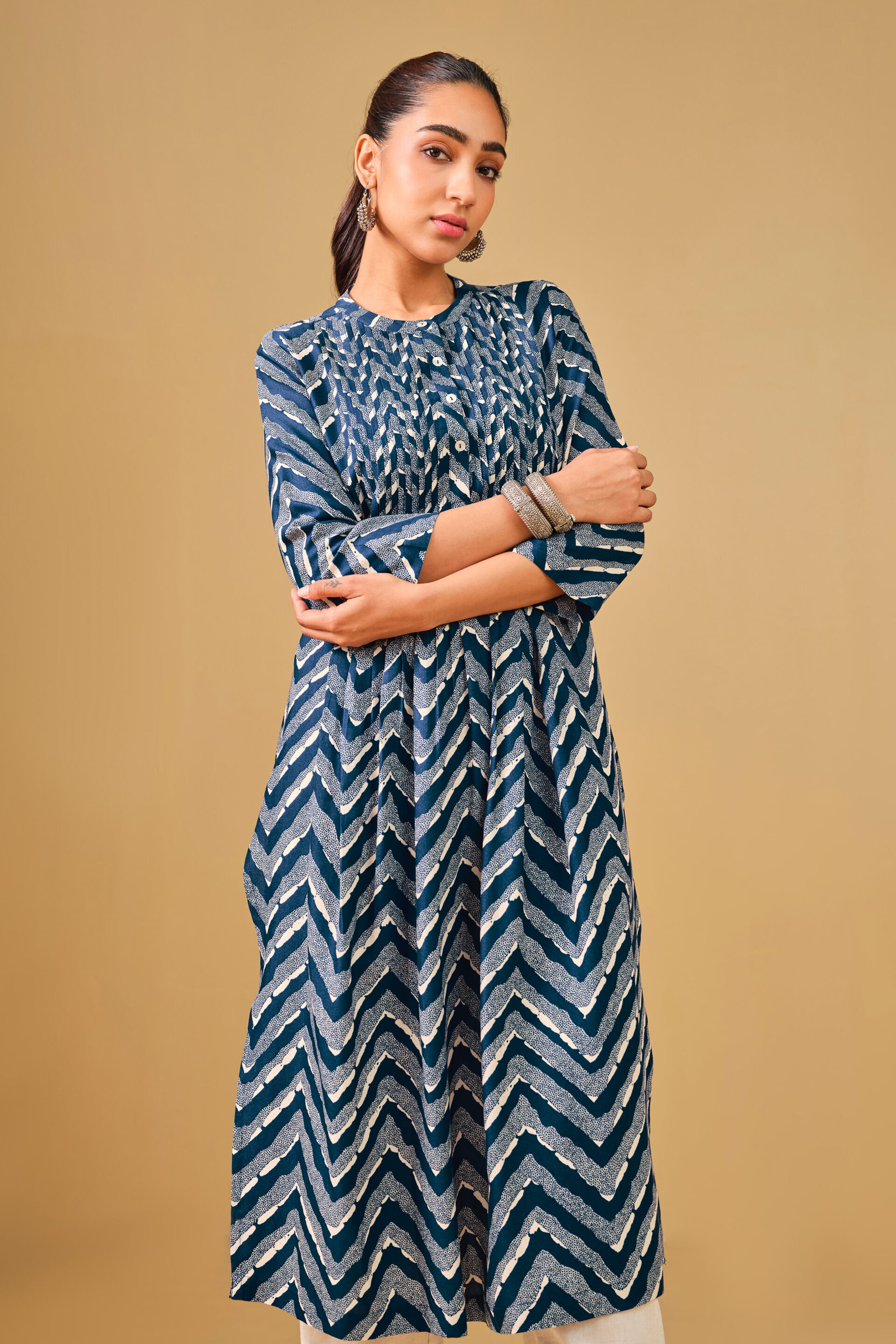 Navy Blue Printed Viscose Kurta, Navy Blue, image 2